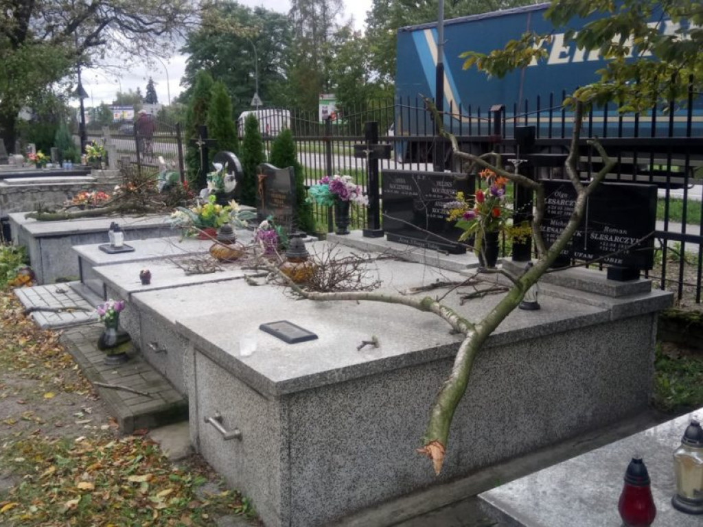 Połamane drzewa i zniszczone groby na tarnobrzeskim cmentarzu [ZDJĘCIA]