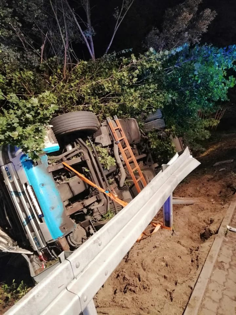 Świętokrzyskie. Nocna tragedia na drodze, TIR ze świniami wpadł do rowu. Nie żyje kierowca [zdjęcia]