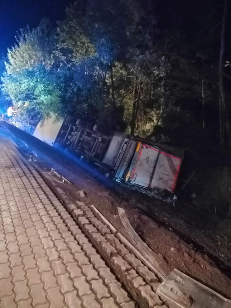 Świętokrzyskie. Nocna tragedia na drodze, TIR ze świniami wpadł do rowu. Nie żyje kierowca [zdjęcia]