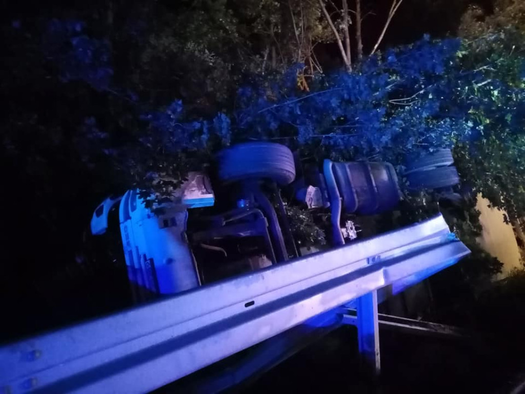 Świętokrzyskie. Nocna tragedia na drodze, TIR ze świniami wpadł do rowu. Nie żyje kierowca [zdjęcia]