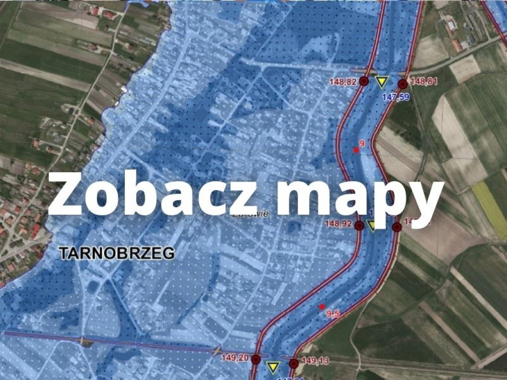 Zobacz mapy terenów zalewowych w Tarnobrzegu. Osiedla Dzików, Wielowieś, Sobów, Zakrzów, Sielec