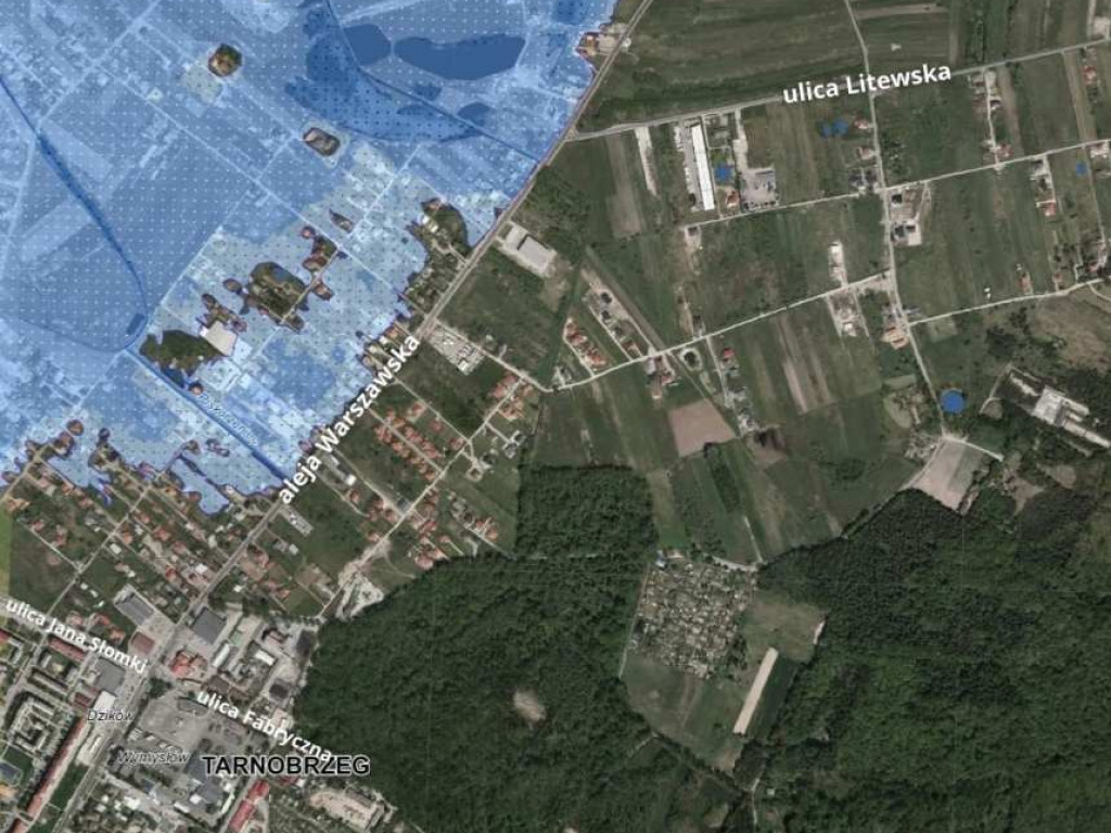 Zobacz mapy terenów zalewowych w Tarnobrzegu. Osiedla Dzików, Wielowieś, Sobów, Zakrzów, Sielec