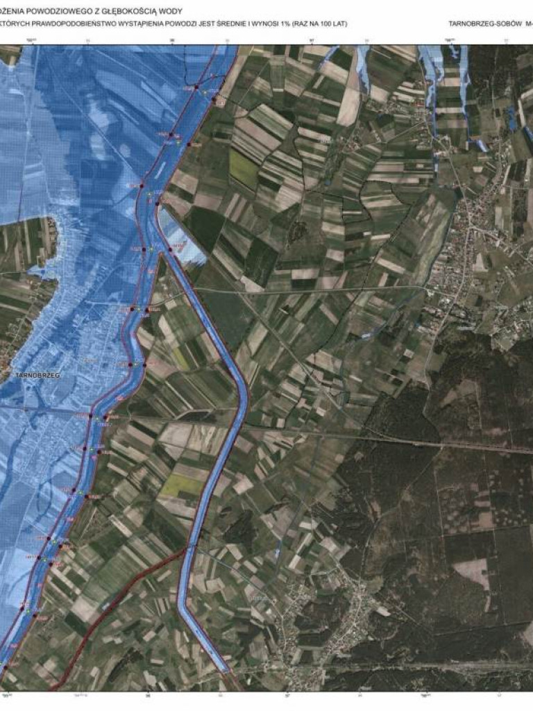 Zobacz mapy terenów zalewowych w Tarnobrzegu. Osiedla Dzików, Wielowieś, Sobów, Zakrzów, Sielec