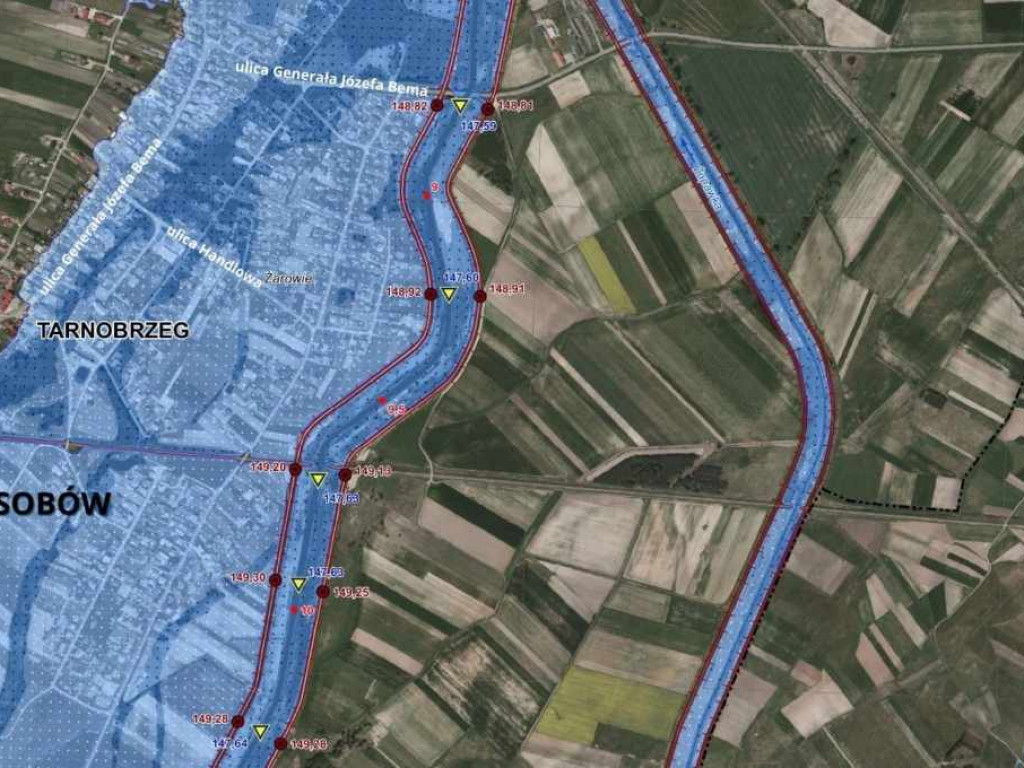 Zobacz mapy terenów zalewowych w Tarnobrzegu. Osiedla Dzików, Wielowieś, Sobów, Zakrzów, Sielec