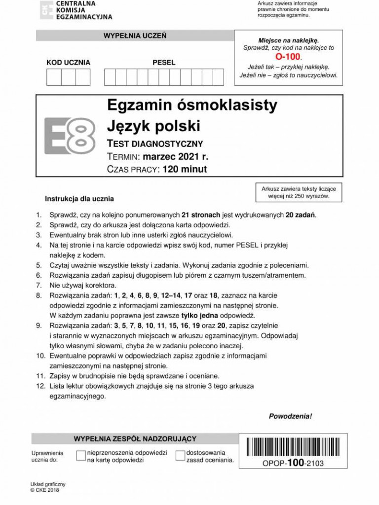 Próbny egzamin ósmoklasisty 2021 - arkusze z języka polskiego