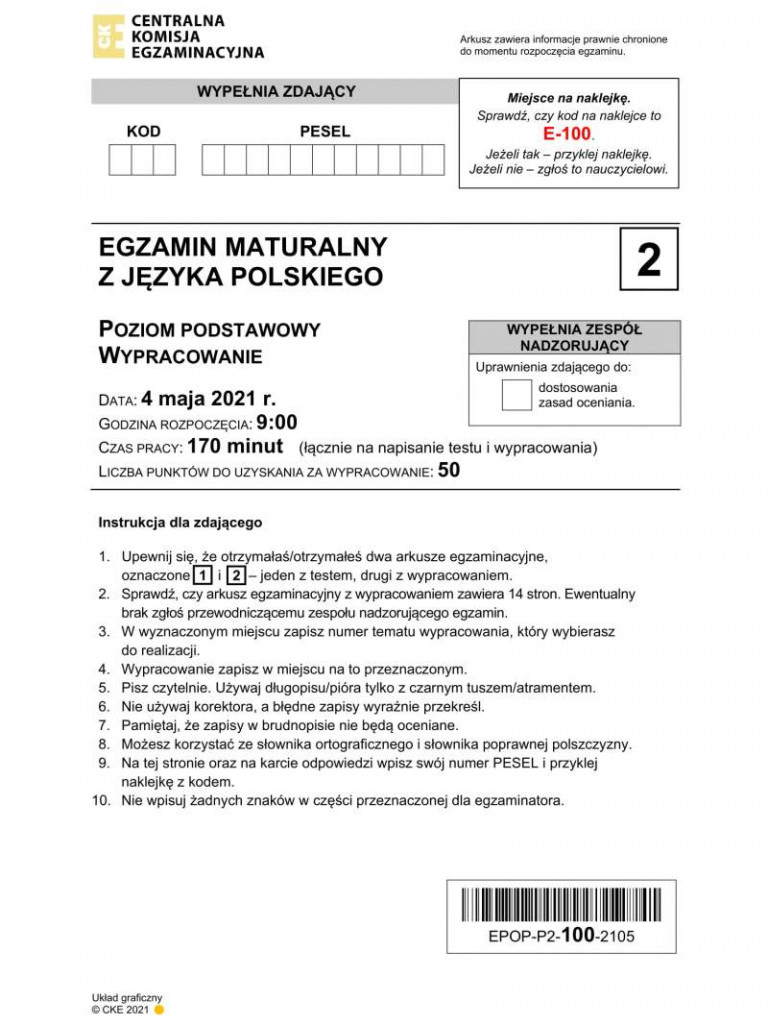Matura 2021 - arkusze egzaminacyjne z języka polskiego