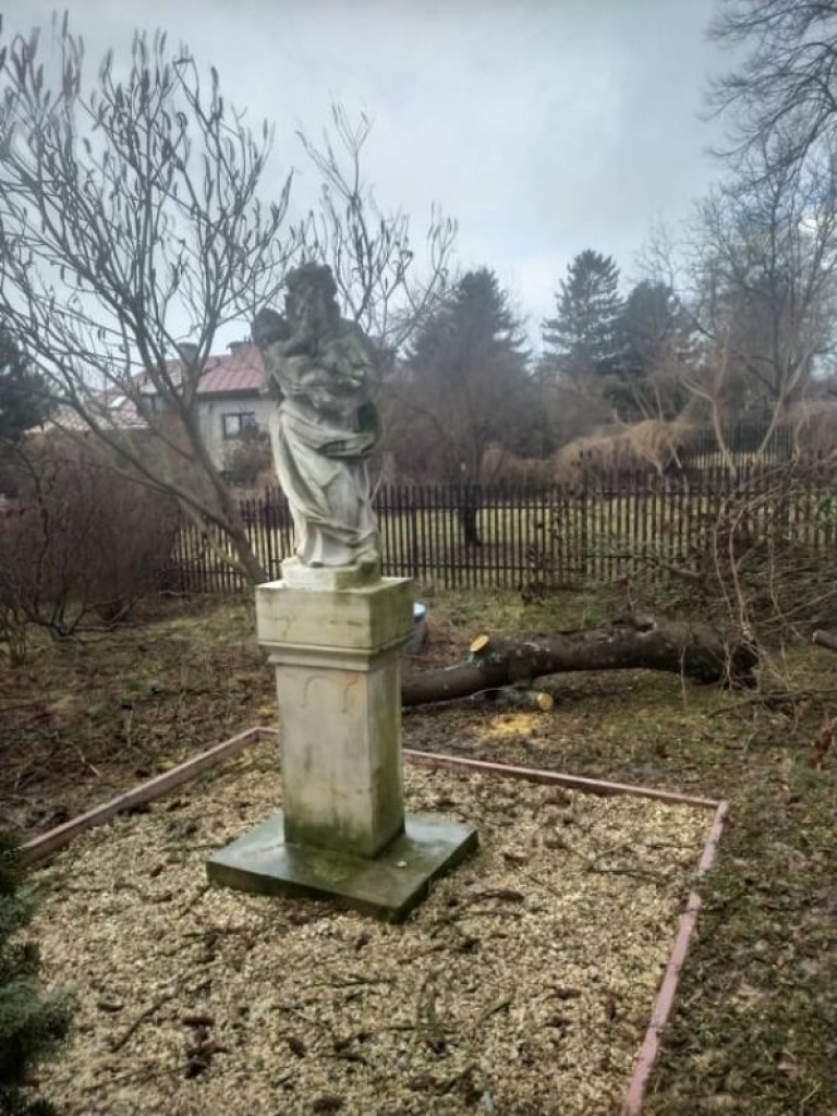 Wciąż mocno wieje. W Sandomierzu spadający konar uszkodził zabytkową figurę. Strażacy interweniowali też w innych gminach [zdjęcia]