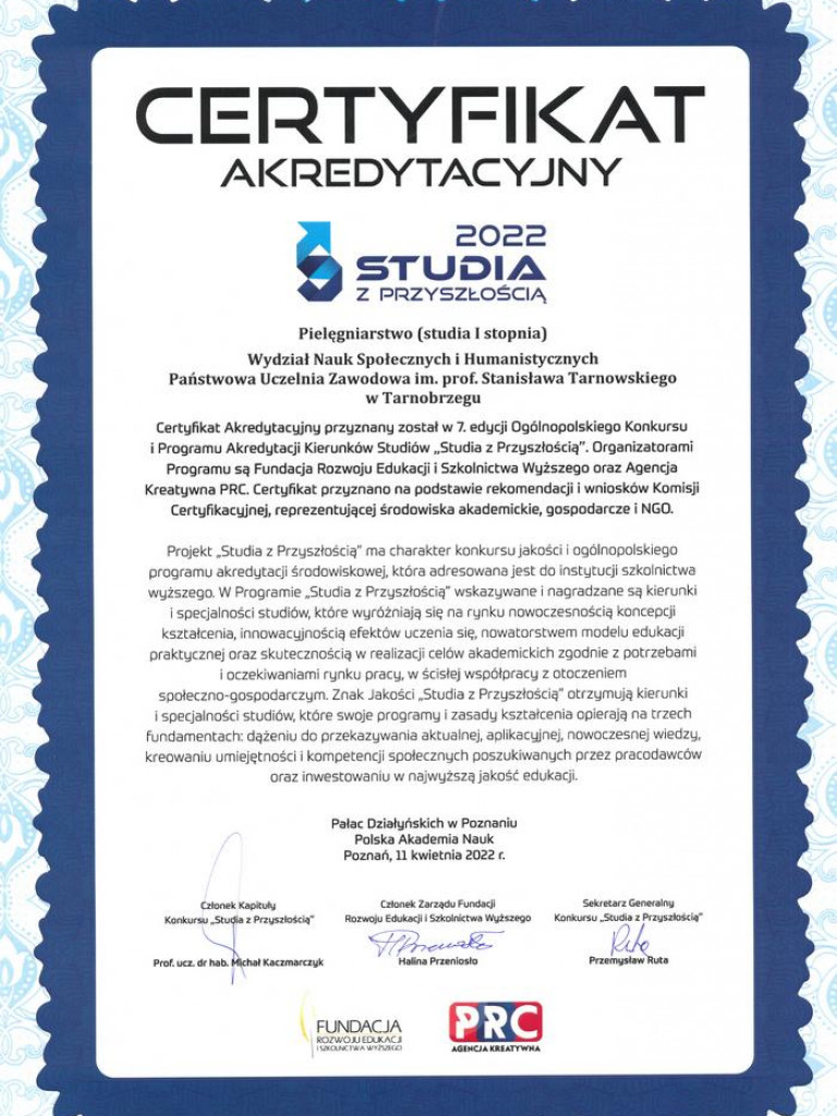 PUZ w Tarnobrzegu otrzymał Certyfikaty Akredytacyjne dla kierunku 