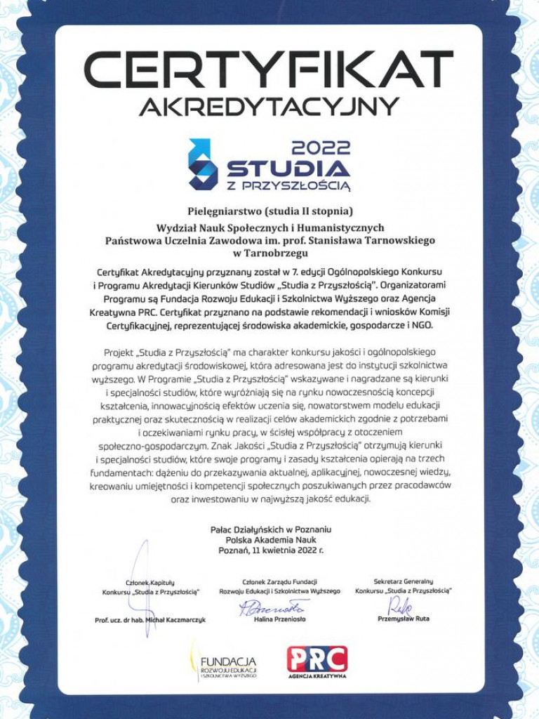 PUZ w Tarnobrzegu otrzymał Certyfikaty Akredytacyjne dla kierunku 