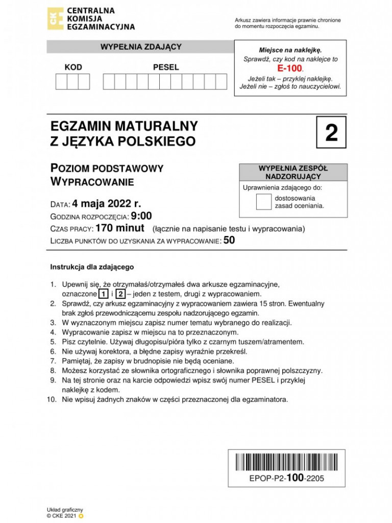 Matura 2022. Arkusz egzaminacyjny z języka polskiego