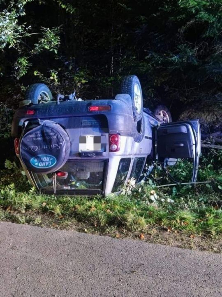 Auto dachowało w rowie. W środku był kompletnie pijany mężczyzna. Kierowcy policja szukała z pomocą psa tropiącego [zdjęcia]