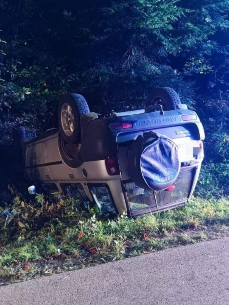 Auto dachowało w rowie. W środku był kompletnie pijany mężczyzna. Kierowcy policja szukała z pomocą psa tropiącego [zdjęcia]