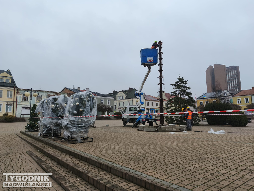 Ustawianie choinki na Pl. Bartosza Głowackiego