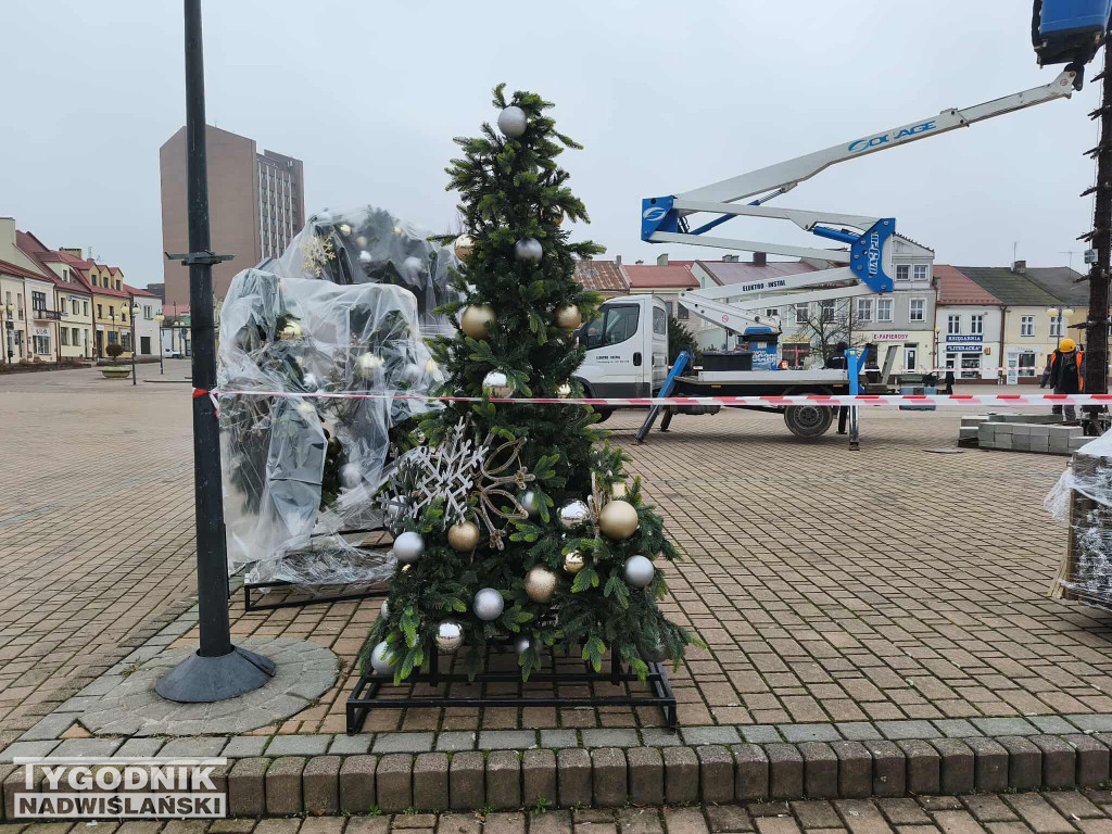 Ustawianie choinki na Pl. Bartosza Głowackiego