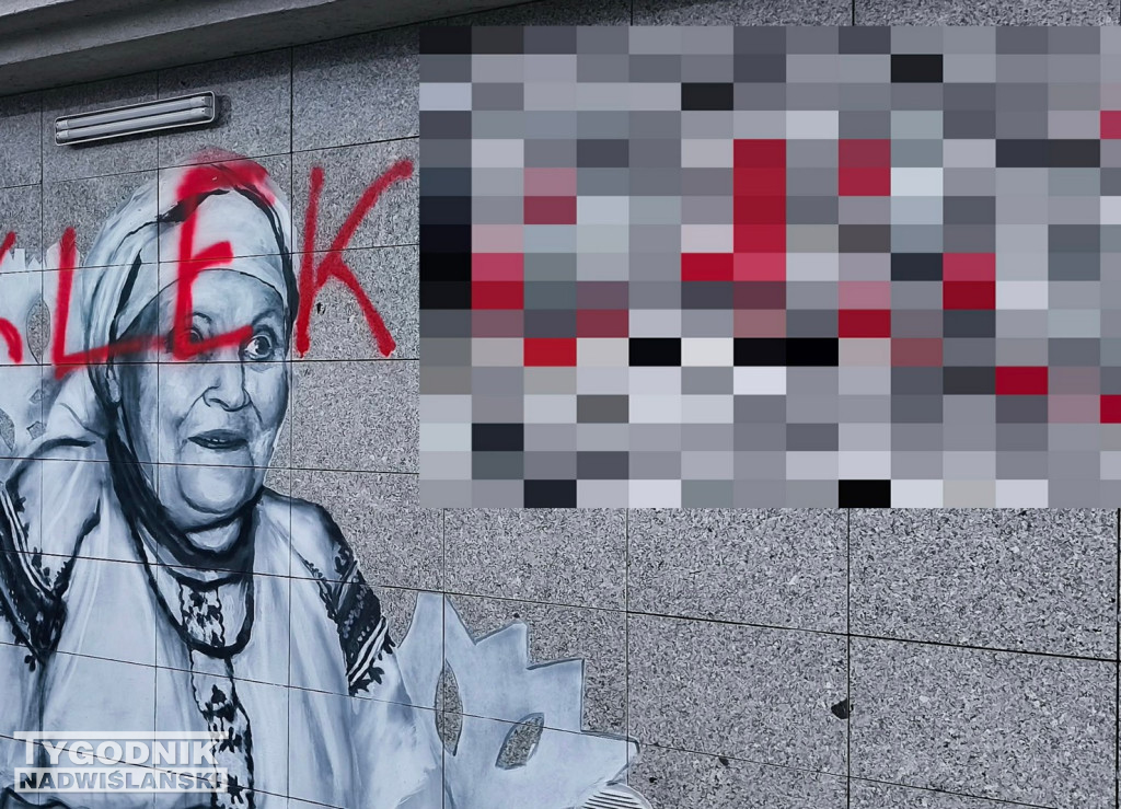 Zniszczony mural Marii Kozłowej w Tarnobrzegu