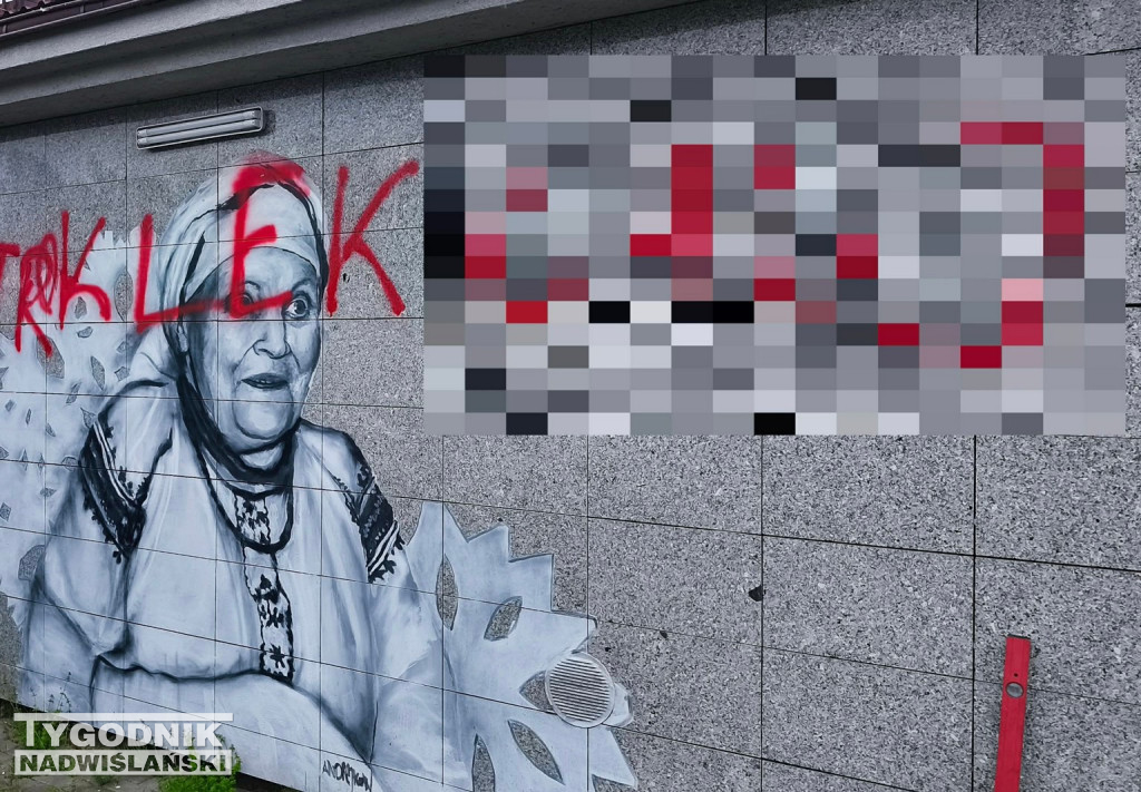 Zniszczony mural Marii Kozłowej w Tarnobrzegu