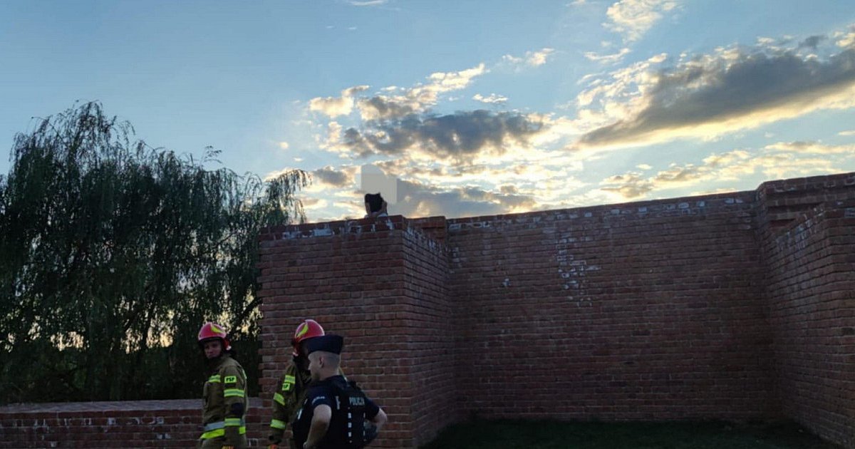 Turysta utknął na murze w Sandomierzu. Trzeba było użyć wysięgnika, by sprowadzić go na ziemię