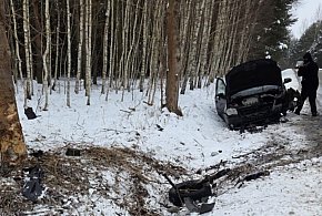 Volkswagen uderzył w drzewo. Do szpitala trafiły 9-latka i jej mama [ZDJĘCIA]