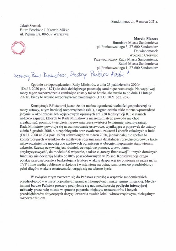 List asystenta Janusza Korwin-Mikkego do burmistrza Sandomierza i radnych miejskich